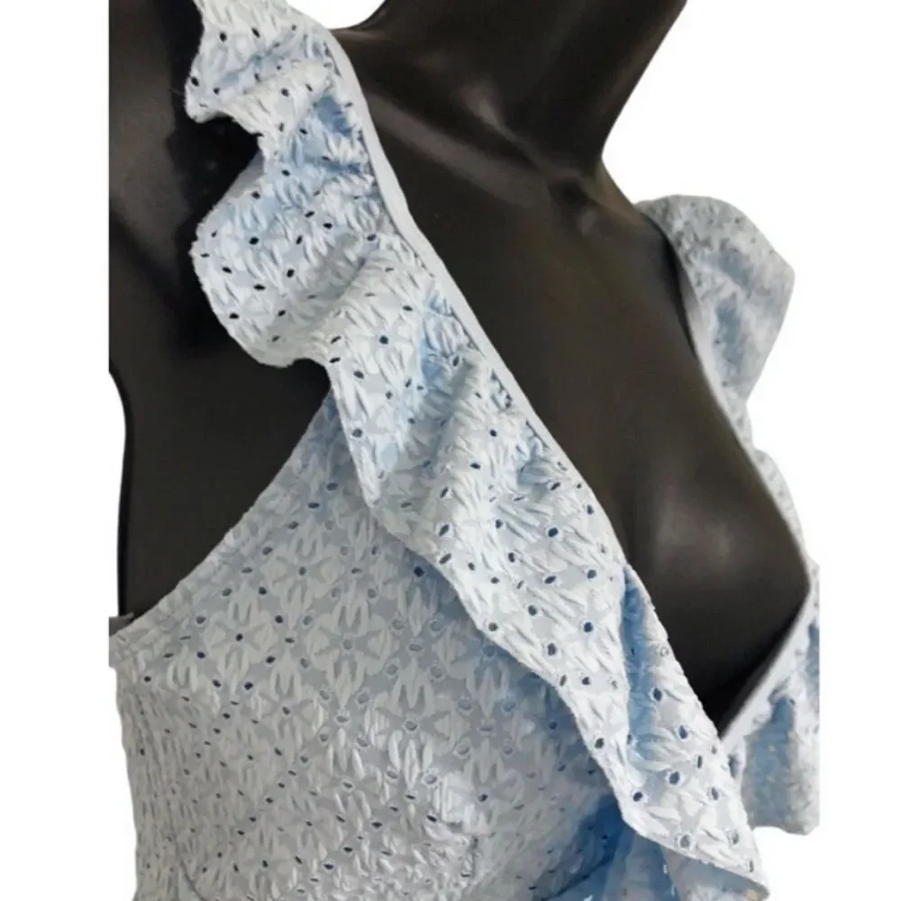 Betsey Johnson‎ Clear Sky Blue Suit Ruffle Eyelet V Swimsuit size L New